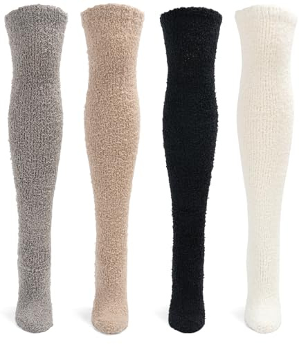 Dzpuhuojz 4 Packs Fluffy Socks, Over Knee Thigh High Socks, Winter Warm Cosy Thermal Sock, Long Cosy Bed Leg Fashion Boot Sock for Women Ladies Girls, White+Black+Grey+Khaki