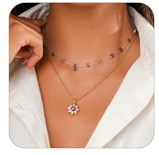 Zimocepuz Collana a Strati di Cristallo Viola, Collana 14K con Pendente Sole Dorato e Fiori di Ametista, Gioiello da Principessa Ispirato alle Fiabe per Donne