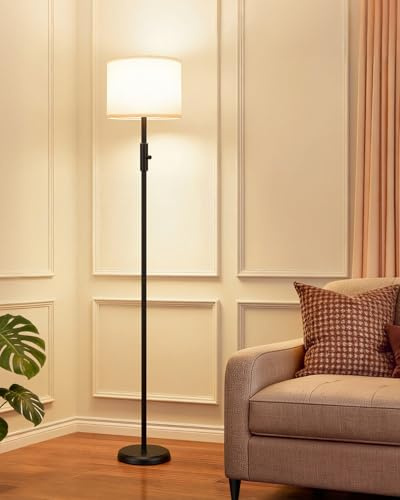 【Upgraded】 Dimmable Floor Lamp for Living Room,1000 Lumens Bulb Included, Modern Floor Lamps Simple Design with Linen Shade, Tall Standing Lamp for Bedroom Office Dining Room, Black Pole Lamp