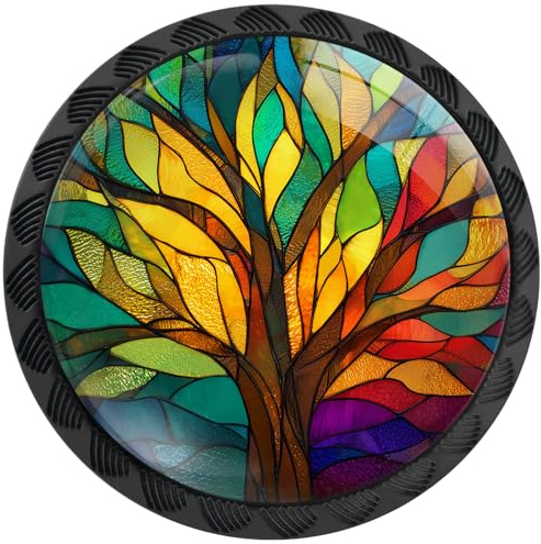 Artinhand 4er-Pack Buntglas Baum des Lebens Schrankknäufe für Küchen | Schubladengriffe runde schwarze Kommodenknöpfe Beschläge for Schrank Kleiderschrank Badezimmer Dekoration