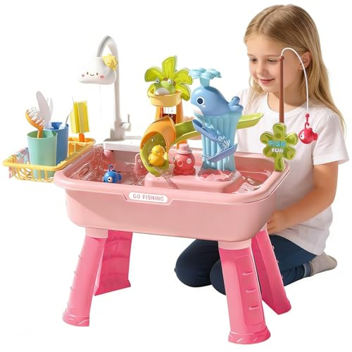 UOAESR 43PCS Kids Water Table with Electric Flowing Tap, Boys Girls Fishing Toy with 180° Rotating Faucet & Removable Legs, Interactive Sensory Play Centre for Indoor Outdoor Garden (pink)