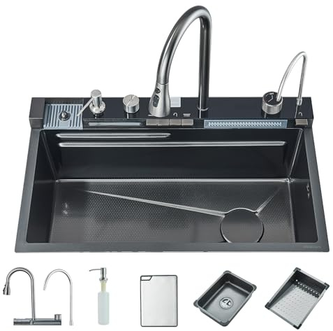 Cesinkin Évier de Cuisine Multifonction avec Haute Pression Robinet Cuisine Bec Extractible et 4 Modes de Pulvérisation Acier Inoxydable Gris Canon 75 * 45 * 21 Evier 1 Bac