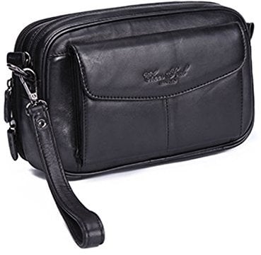 Leather Wrist Purse for Men Women Business Travel Outdoors Organizer Wristlet Strap Fanny Clutch Bag Coin Money Wallet Pouch Black