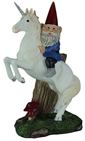 RUNADI Magical Adventure Gartenzwerg auf Einhorn-Rasenfigur, 34 cm