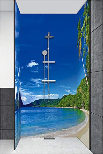 ARTLAND Duschrückwand Eck mit Motiv Alu Rückwand Dusche Bad Verkleidung wasserfest Duschwand Größe personalisiert 3 Segmente Karibik Malediven Strand Palmen Meer S9HV