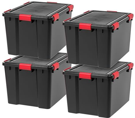 IRIS USA WeatherPro 74 Qt Aufbewahrungsbehälter mit Deckel, 4 Stück, BPA-freie Kunststoff-Dichtungsbox mit dichtem Riegel und Dichtung, stapelbar, verschachtelbare Tragetasche, Schwarz/Rot