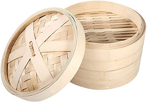 Dampfgarer Bambus, 2 Ebenen Bambus-Dampfgarerkorb mit Deckel Chinesischer Naturreis Kochen Herd, Dampfgarer für Reis/Dim Sum/Gemüse/Fleisch für Home Küche, Restaurant, etc