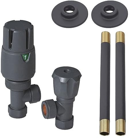 Milano Anthracite Angled Thermostatic Heated Towel Rail Radiator Valves Pipe Connector Kit