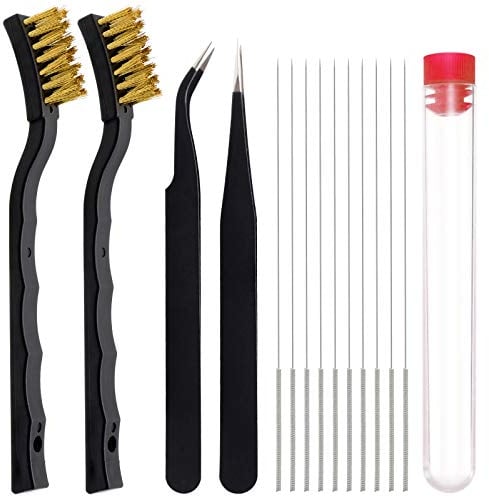 KITANIS 3D Printer Nozzle Cleaning Kit with Brush - 10 Pieces 0.4 mm Cleaning Needles, 2 Types Sophisticated Tweezers and 2 Pieces Cooper and Stainless Wire Cleaning Brushes