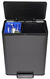 Rubbermaid Elite Poubelle à double flux en acier inoxydable pour la maison, les déchets de cuisine et le recyclage, 50 litres, charbon de bois, poubelle et poubelle de recyclage
