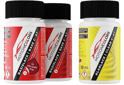 MOTIONCOLORS Red Metallic/Amarena Rot Metallic P19 für Mitsubishi Autolack Lackstift Set Grundlack Basislack Klarlack je 50ml