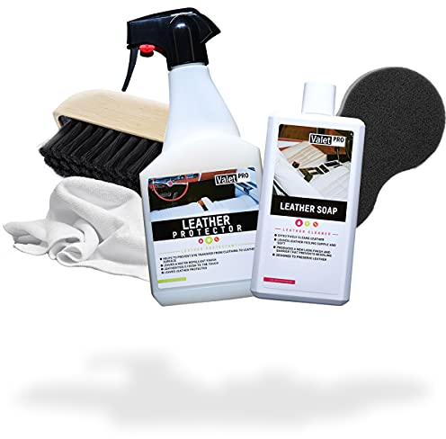 detailmate Auto Lederpflege Set | ValetPRO Leather Soap 500ml + Leather Protector 500ml Imprägnierung + Tuch + Bürste + Schwamm | Für die ideale Lederreinigung und Pflege