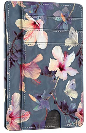 FINTIE Flache Geldbörse Kartenetui, Premium Kunstleder RFID-Blocker Slim Geldbeutel Kreditkartenetui mit ID-Fenster und Schnellzugriff-Fach für Herren Damen, Blühender Hibiskus