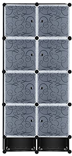 YUENFONG Kleiderschrank Organizer Garderobe DIY Regalsystem Steckregalsystem aus Kunststoff für Kleidung, Schuhe, Spielzeug und Bücher, Schwarz (8 Boxen mit Tür)