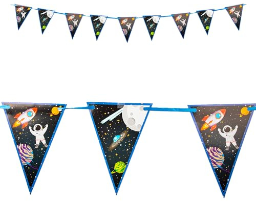 Procos - Filare 9 dreieckige Flaggen Rakete Planeten Astronaut Rocket Space Party aus FSC-Papier, weiß, PR93739