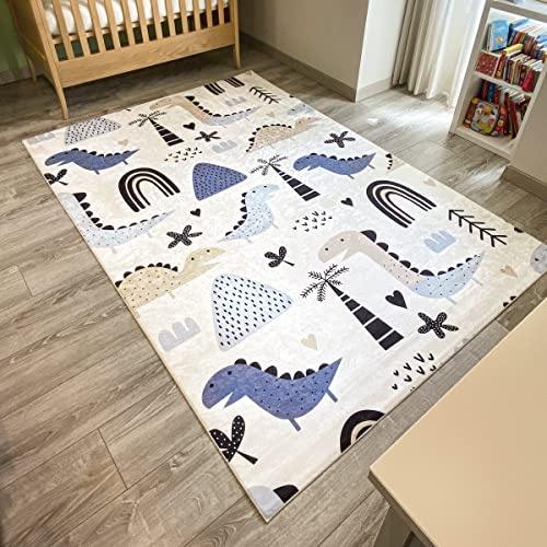 Nazar Kinderteppich für Kinderzimmer, Babyteppich, für Mädchen und Jungen, Motiv Dinosaurier, Weltkarte und Tiere (740 blau, 160x230 cm)