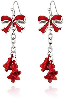 Lightweight Christmas Red Bow Knot Piercing Earrings, Christmas Jingle Tassels Silver Plated Women Girls Jewelry