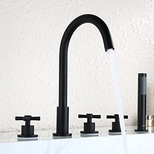 TAVCHA Badewannenarmatur Wannenrand 5-Loch Wannenrandarmatur Schwanenhals Badezimmer Armatur Set mit Ausziehbarem Handbrause Badewannen-Armatur Wannenrandkombination,Schwarz