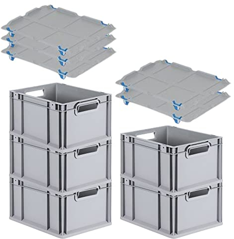 PROREGAL SparSet 5x Eurobox NextGen Grip mit Auflagedeckel & 4 blauen Schiebeschnappverschlüssen, HxBxT 22x30x40cm, 20 L, Grau, Griffe offen, Eurobehälter, Transportbox