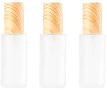 ericotry 3PCS Frosted Glass Pump Press Bottles Empty Refiilable Travel Cosmetic Containers Toiletries Vials Dispenser with Wood Grain Lid for Lotion Essentioal Oils Liquid Foundation (60ML/2OZ)