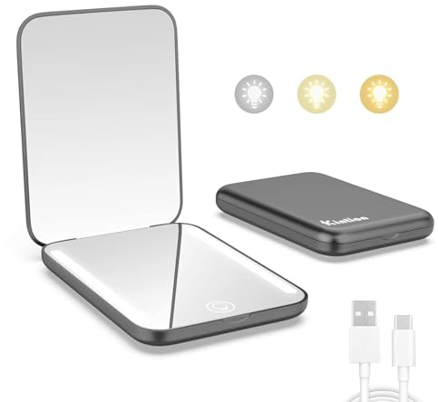 Kintion Wiederaufladbarer Taschenspiegel, LED Kompakt Reise Make up Spiegel, 3 Farbtemperaturen, Dimmbar, 400mAh, Tragbarer Kompaktspiegel, Kleine Handtaschenspiegel für Frauen als Geschenk, Schwarz