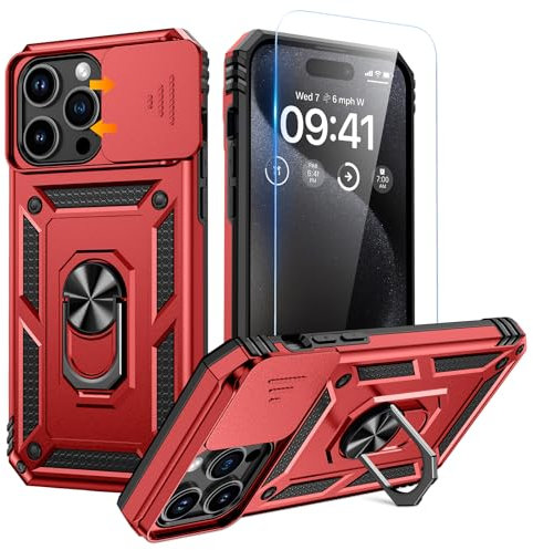 Goton Schutzhülle für iPhone Pro Max mit Displayschutzfolie – Schiebe-Kamera-Abdeckung, Schutzhülle mit Ringständer, strapazierfähig, stoßfest, robust, für iPhone Promax, Zubehör, Rot