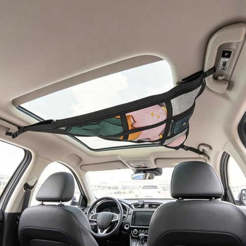 Kaskawise 31.5x21.6 Car Ceiling Cargo Net-Fits Cars with Three Handles,Double-Layer Interior Roof Cargo Net for Travel Road Trips and Car Camping