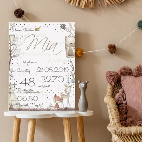 Ein Bild mit Waldtieren zur Geburt. Luxus Dibond ™ Tafel mit Größe 40x30cm. Verschiedene Farbvarianten zur Auswahl.