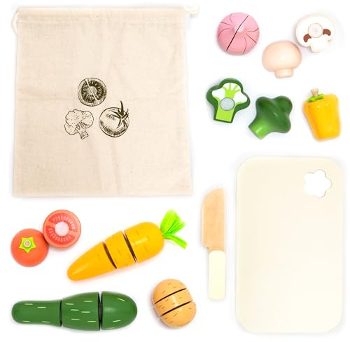 UMU® Holz Gemüse Schneidset für Kinder - Küchenspielzeug mit Lebensmitteln zum Schneiden und Kinderküche Zubehör (Holzmesser, Schneidebrett, Gemüsebeutel), Montessori-Holzspielzeug ab 2 3 4 5 Jahren