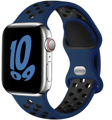 Upeak Sport Bracelet Compatible avec Bracelet Apple Watch 44mm 45mm 46mm 42mm 49mm, Sangle en Silicone Respirant à Double Trou, pour iWatch Series 10 9 8 7 6 5 4 3 2 1 SE Ultra, L, Bleu nuit/Noir