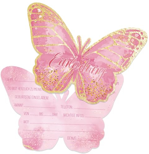 Werfunee - 12er Einladungskarten Kindergeburtstag Mädchen - 15 x 11 cm Schmetterlingen Einladungskarten Geburtstag - Einladung Kindergeburtstag Mädchen - Geburtstagseinladungen Mädchen