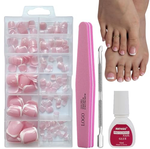 DMQ French Press on Nails for Toe, 240Pcs Square False Toenails Short, French Tip Fake Toe Nails, Full Cover Stick on Toenails with Glue for Women Nail Art Manicure Decorations