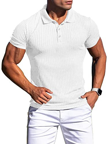 Agilelin Men's Muscle Slim Fit Polo Shirts Short Sleeve Stretch T-Shirts Casual Stylish Tee for Golf Workout(White/L)