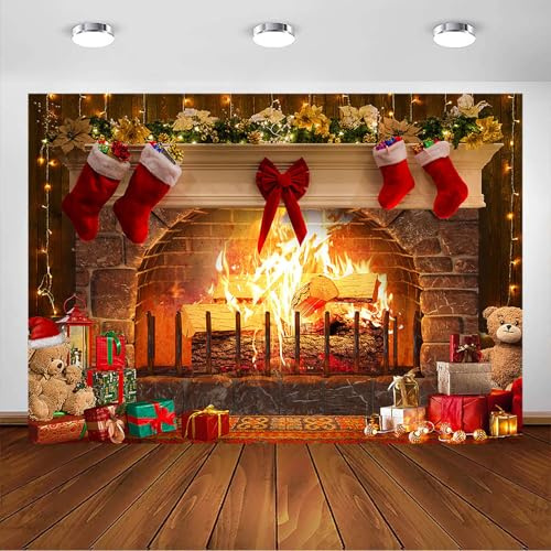 Avezano Weihnachts-Kaminhintergrund für Fotografie, Kamin mit rotem Ziegelstein, Dekoration, Frohe Weihnachten, Urlaub, Familienparty, Zubehör, Fotoautomaten-Requisiten (1,8 x 1,2 m)