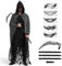BuzzoXerex Costume da Tristo Mietitore Uomo, Mantello di Halloween con Cappuccio, Mantello Strappato con Cappuccio con Falci e Tatuaggio Adesivo Inquietante per Halloween, Carnevale (Nero)