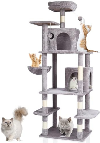 VEVOR Cat Tree, 68.5 Tower with 2 Condos, Sisal Post, Hammock, Perch, Platforms, Activity Center, Light Grey
