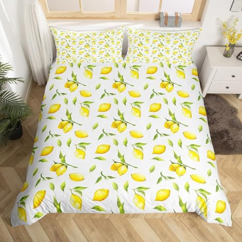 Homemissing King Lemon Printing Duvet Cover Lemon Plant Bedding Decorative Leaves Comforter Cover Set Microfiber Summer Fruit Decoration Comforter Cover Set Bedroom Bedding