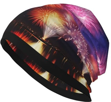 Wunderschöner Feuerwerk-Druck Erwachsene Herren Strickmütze Stretch Kopfbedeckung Beanie Mütze Schwarz, Schwarz, Einheitsgr��e