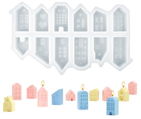 KATIMI Silikonformen Gießformen Weihnachten Häuser, Mini Silikonform Haus Gips, Gießformen Silikon Kerzenhalter Silikonform Weihnachten, 3D Gießform Weihnachten Haus Gips zum Gießen (12 kleine Häuser)
