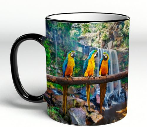YOIUE Copa de cerámica interesante 11OZ tazas 330 ml - Regalo original y divertido Exquisita taza de impresión Decora tu taza,Loros coloridos Cascada de loros Paisaje l