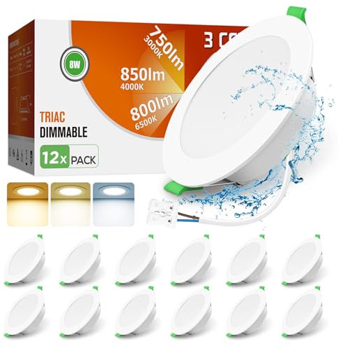 ALUSSO LED Einbaustrahler 230V Dimmbar Spots Flach 8W 850LM Deckenspots 3CCT 3000K Warmweiß 4000K Neutralweiß 6500K Kaltweiß IP44 Einbauleuchten für Badezimmer Küche Wohnzimmer, 12er Set