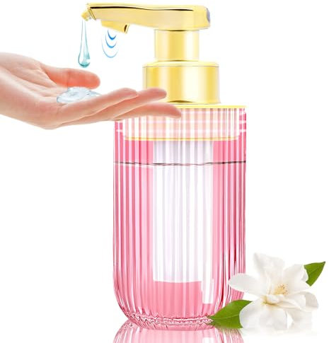 350ml Automatischer berührungsloser Seifenspender aus Rosa Glas, Wiederaufladbarer, freihändiger Gerippter Flüssigseifenspender mit elektrischem Sensorpump, Nachfüllbare Seifenflasche für Bad