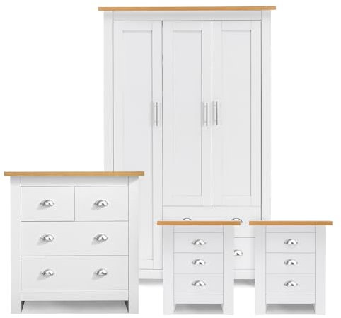 Blisswood 4 Piece Bedroom Set With 3 Door Wardrobe & 2+2 Drawer Chest of Drawer + 3 Drawer 2 Bedside Table Cabinet Bedroom Furniture Set for Bedroom Storage furniture (White & Oak)