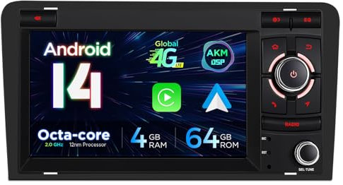 XTRONS 7 Zoll IPS Android 14 Autoradio Octa Core 4GB 64GB Eingebauter 4G Car Play Android Auto AKM DSP WiFi Bluetooth GPS USB Optional DAB OBD DVR TPMS für Audi A3 S3 RS3