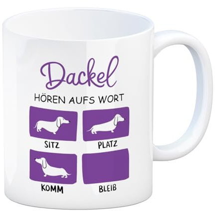speecheese Dackel Liebe - Dackel Kaffeebecher Humorvoller Kaffeebecher mit Dackel Silhouette - Sitz Platz Komm Bleib Positionen und viel Liebe für Tierfreunde