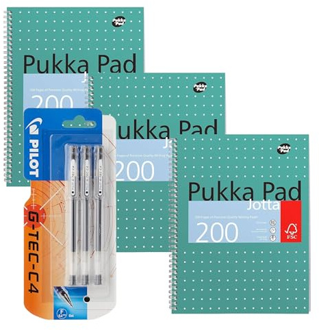 Pilot G-Tec C4 Gel Microtip Rollerball Pen 0.4 mm Tip Black 3 Pack and 3x Pukka Pad A4 Metallic Jotta Book Wirebound Notebook, 8mm Lines 80GSM Paper, 4-Hole Punch Margins, Perforated Edges 200 Pages