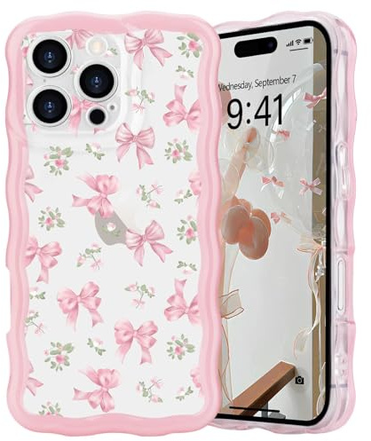 L-FADNUT Bow Case for iPhone 16 Pro Max, Curly Wavy Frame Cute Girly Bow Ribbon Pretty Phone Case, Soft Wave Clear Slim Silicone Shockproof Anti-scratch Cover for Women Girl, Rose