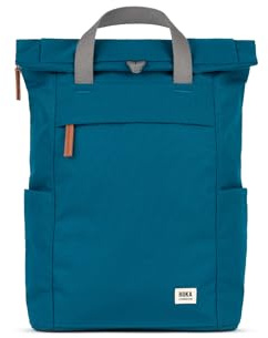 ROKA London Finchley A Medium Recycled Canvas (Sapphire) | Roll top backpack with spacious storage, padded laptop sleeve, side bottle pockets, secret pocket and adjustable straps