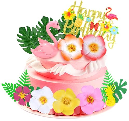 Flamingo-Kuchendekoration, 13 Stück Toppers für Hawaii-Kuchen, Cake Topper mit Hibiskusblüten und Palmblättern, für Geburtstag, Babyparty