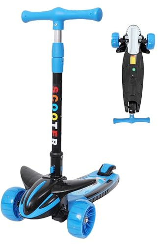 Habib Kinderroller 3-10 Jahre, 3 Räder, LED-Räder, klappbar, Flugzeug & Zug | Lenker 66/72/77/82 cm, Trittbrett 65 x 30,5 cm, Hinterrad-Fußbremse, bis 50 kg, 3 kg